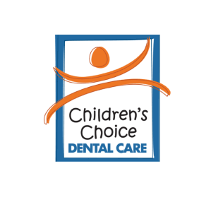Children's Choice Dental Care logo with blue frame and orange abstract figure.