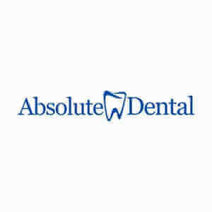 Absolute Dental logo with tooth icon, blue text, dental care branding, oral health services.