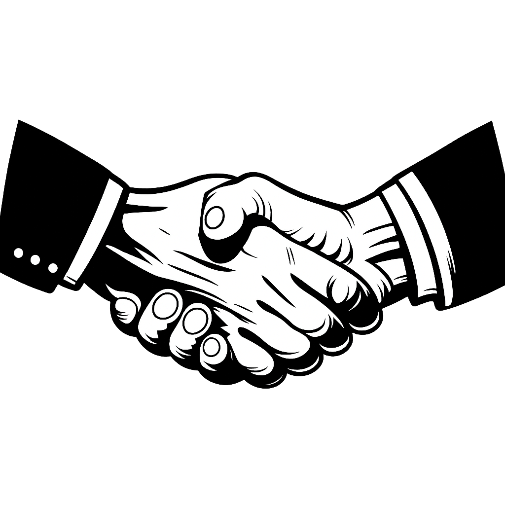 Illustrated handshake symbolizing partnership, agreement, business collaboration, and mutual cooperation. Black and white drawing.