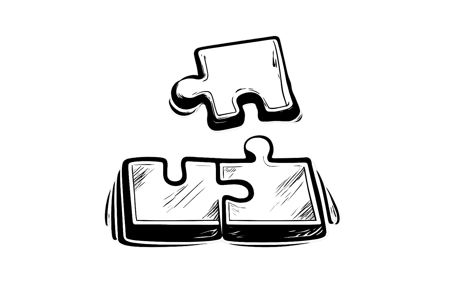 Black and white puzzle piece drawing, fitting together concept, isolated on black background.