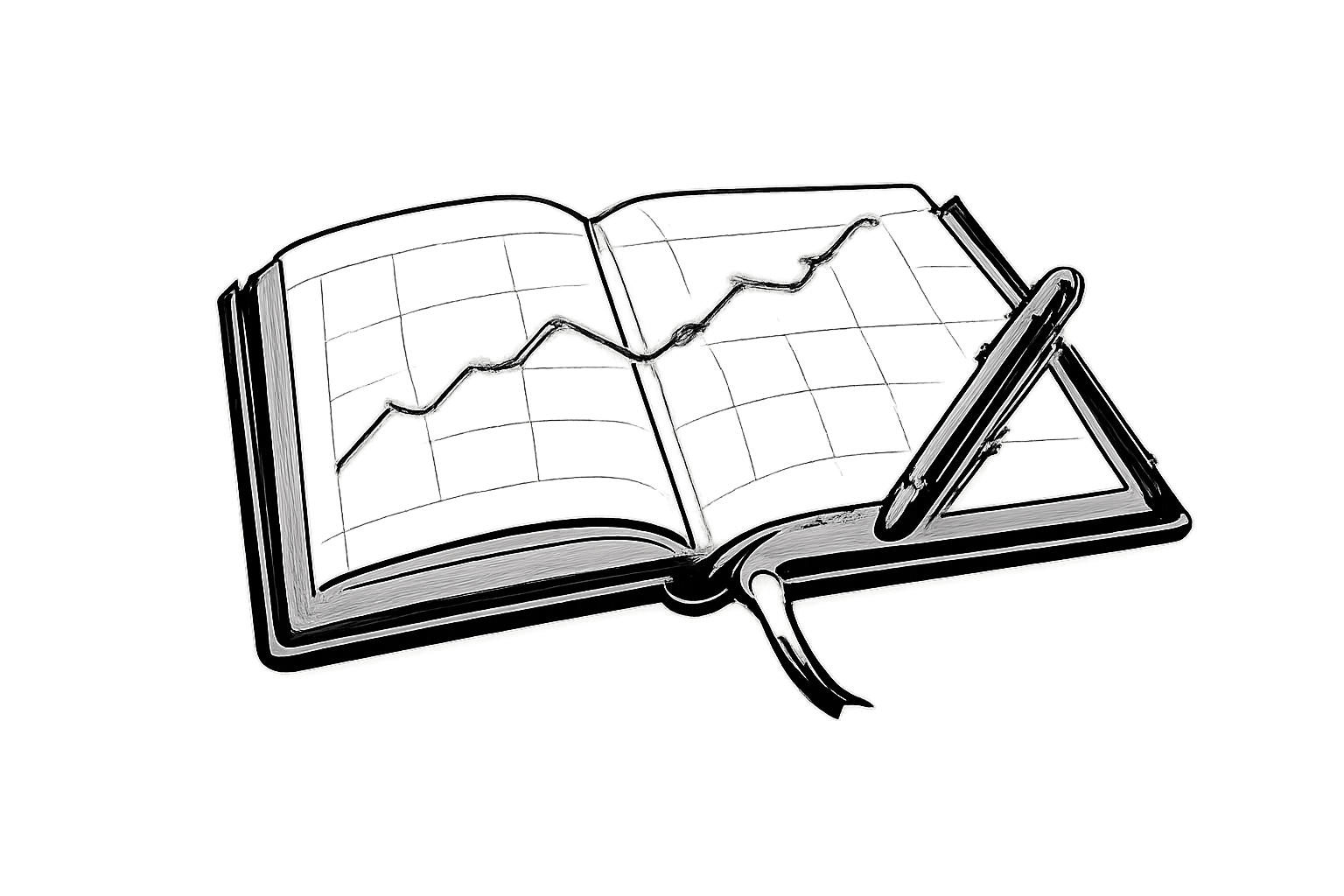 Open notebook with graph chart and pen; data analysis concept.