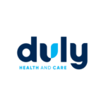 Duly Health and Care logo with modern blue lettering on a black background.
