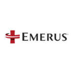Emerus logo with red medical cross, healthcare branding, urgent care services.