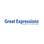 Great Expressions Dental Centers logo, blue text on black background, dental care branding.