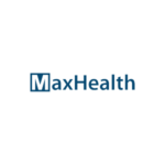 MaxHealth logo, blue text on black background, representing health and wellness services, brand identity.