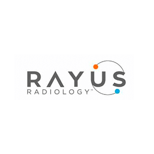 Rayus Radiology logo with modern design, featuring orange and blue dots connected by a curved line.