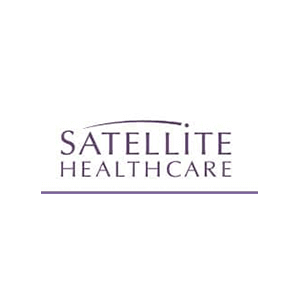 Satellite Healthcare logo, purple text with arc design, 300x300 pixels, healthcare branding.