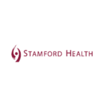 Stamford Health logo with maroon text and symbol on a black background.