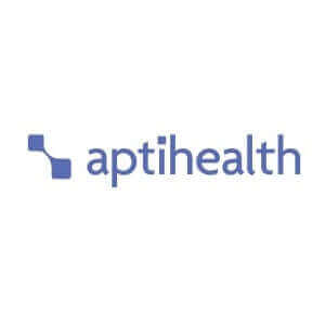 Aptihealth logo featuring blue text and abstract design, mental health services branding image.