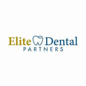 Elite Dental Partners logo with tooth graphic, gold and blue text on white background. Dental services branding.