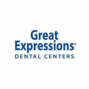 Great Expressions Dental Centers logo, blue text on white background, dental care branding.
