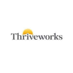 "Thriveworks logo with yellow sun behind text, mental health counseling services branding."