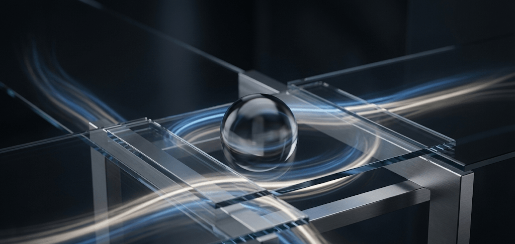 Glass sphere on intersecting glass panels with blue light trails, modern abstract design.