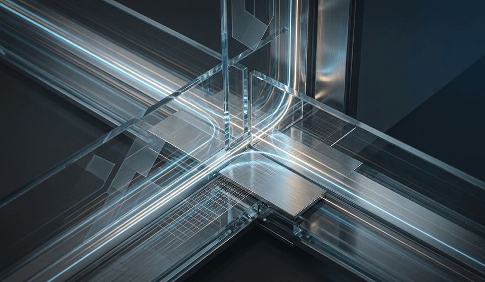 Futuristic glass and steel architecture with intersecting lines, modern design, abstract structure, blue lighting, industrial innovation.