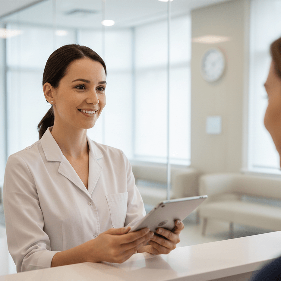 Friendly female doctor at hospital reception using tablet, patient interaction, healthcare professional, modern clinic environment.