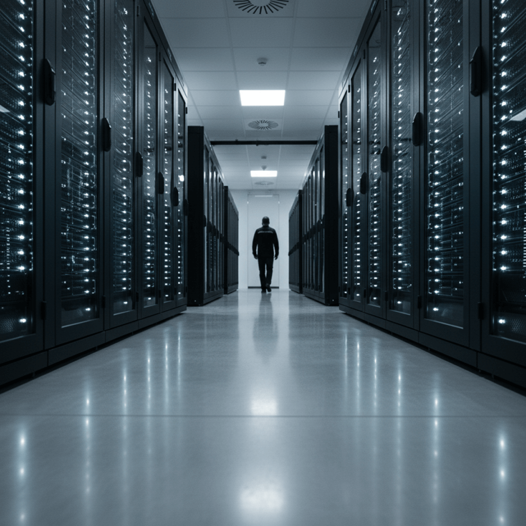 Person walking in secure data center corridor with server racks, technology infrastructure, and network equipment.