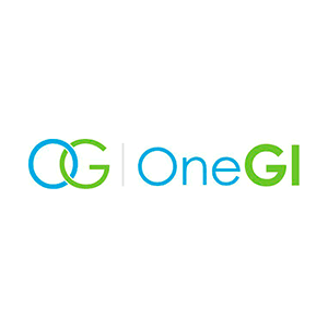OneGI logo in blue and green, healthcare branding, gastroenterology network.