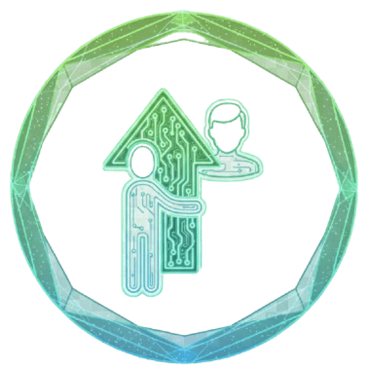 AI-powered digital transformation icon with circuit design, depicting human-robot collaboration in a green-blue gradient circle.