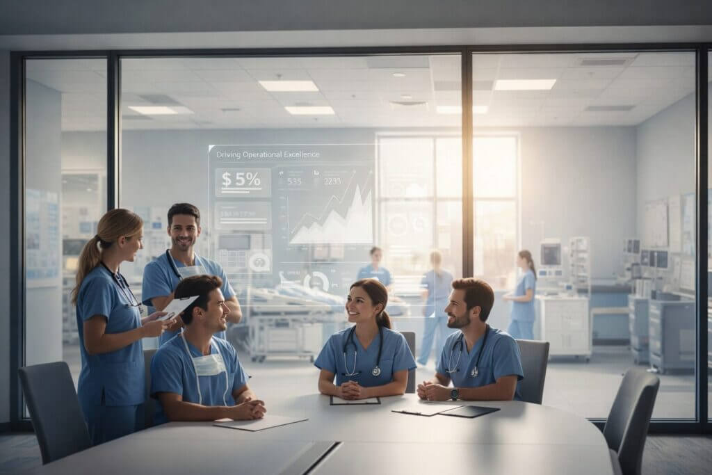 Healthcare professionals in a meeting room discussing operational excellence strategies with data charts in the background.