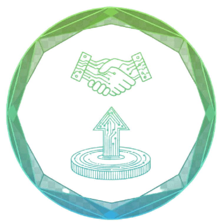 Business handshake icon with upward arrow, symbolizing growth and partnership, encased in a green-blue gradient circle.