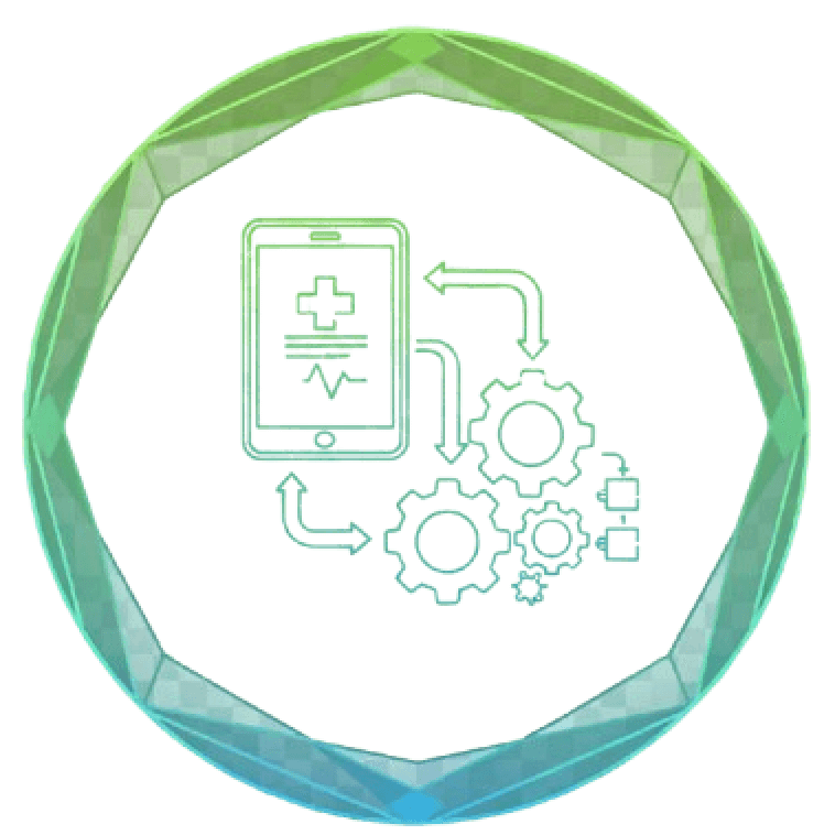 Healthcare technology integration icon with tablet, gears, and data flow in green-blue gradient circle.