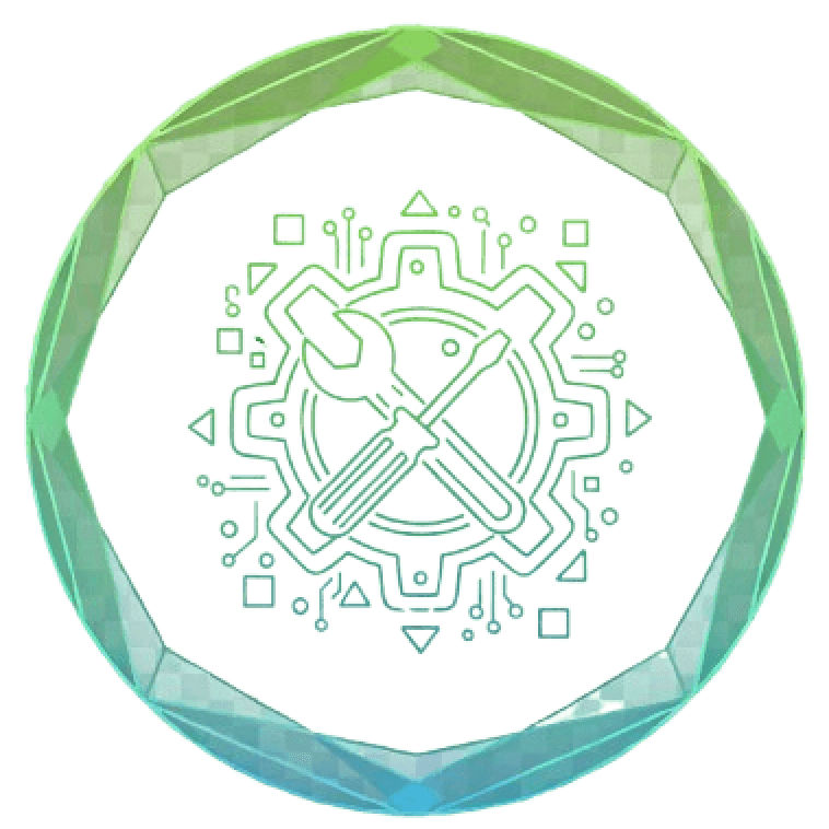 Gear and wrench icon encircled by green polygonal frame, symbolizing technology and tools.