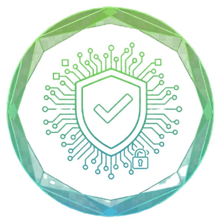 Digital security icon with shield, checkmark, and circuit design in green-blue gradient circle.