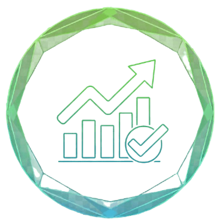 Bar graph with upward arrow and checkmark, symbolizing growth and success, enclosed in a green geometric circle.