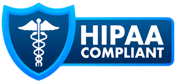 HIPAA compliant badge with blue shield and caduceus symbol, indicating secure healthcare data protection and privacy standards compliance.