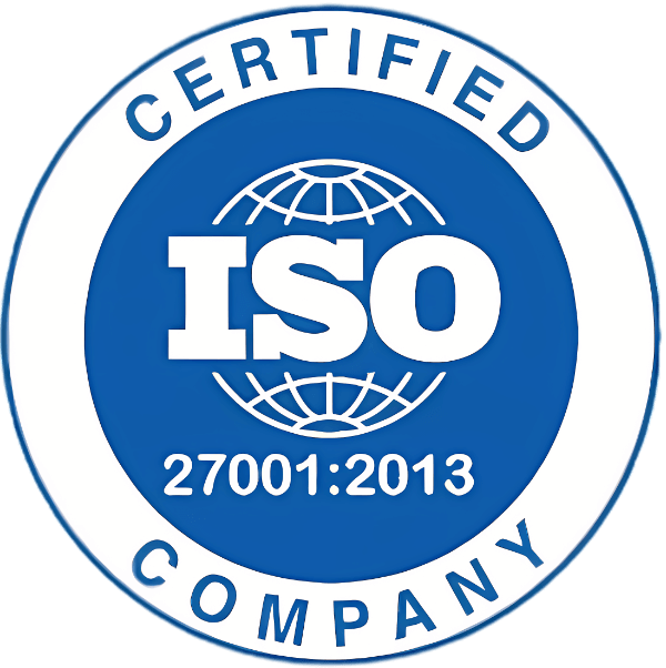 ISO 27001:2013 Certified Company logo, blue and white, symbolizing information security management compliance.