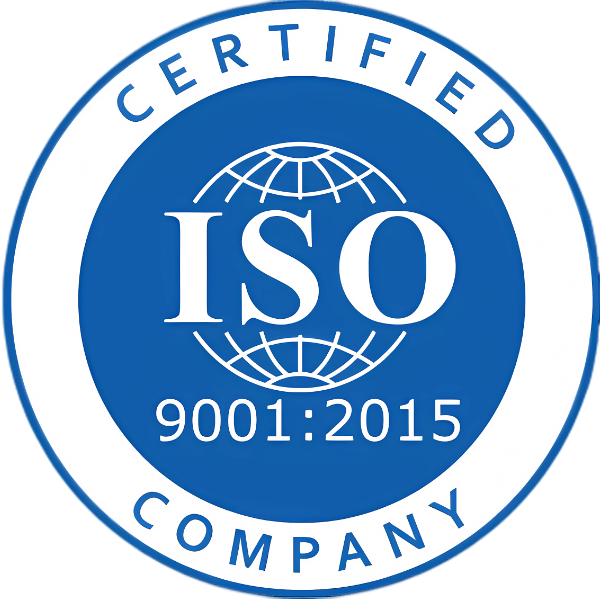 ISO 9001:2015 certified company logo, quality management standard badge.