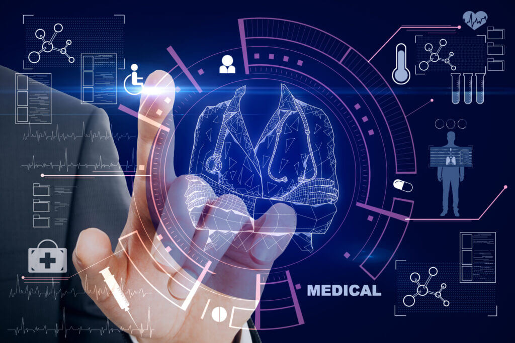 Futuristic medical interface with hand interacting, digital stethoscope, health icons, science graphics.