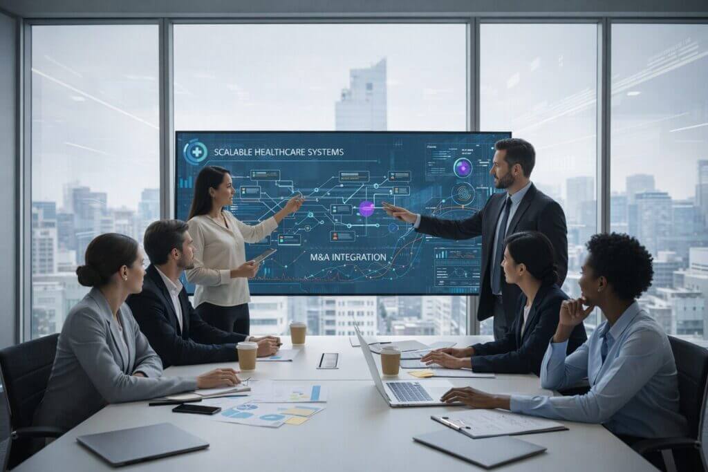 Business meeting on M&A integration strategy with scalable healthcare systems, featuring a diverse team and digital presentation.