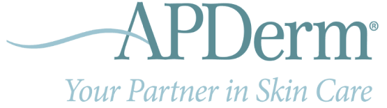APDerm logo, dermatology partner, skincare specialists, blue text, two-tone design.