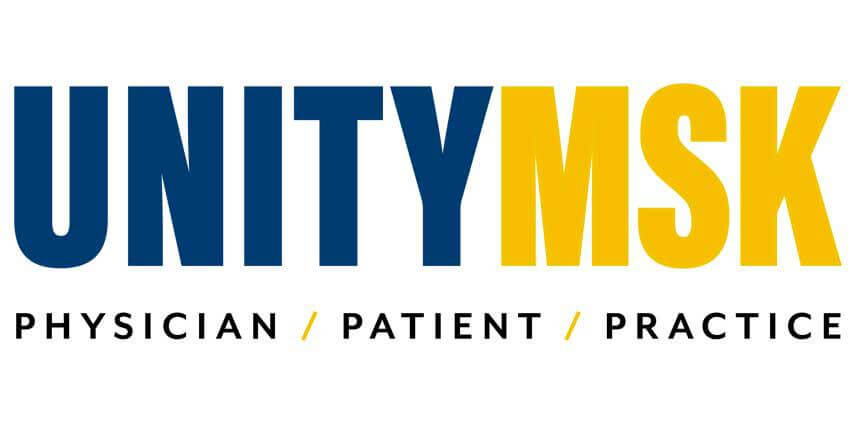 Unity MSK logo with text: "Physician / Patient / Practice" in blue and yellow, emphasizing healthcare collaboration and musculoskeletal focus.